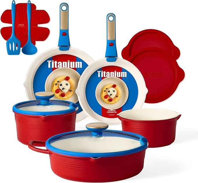 CAROTE 17Pcs Titanium Cookware Set, Pots and Pans Set Non Stick, Kitchen Cooking Set with Detachable Handle, Non Toxic Induction Cookware, Dishwasher/Oven Safe,Memphis Design