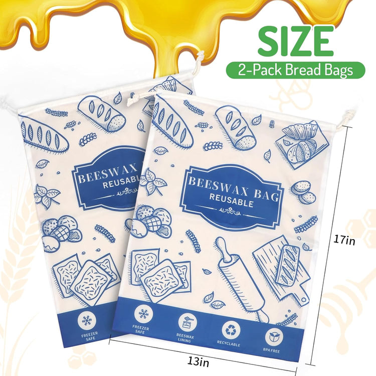 2-Pack Beeswax Bread Bags for Homemade Bread,Reusable Sourdough Storage Bags with Premium Beeswax Coating for Loafs Baguette Fresh Keeping,Great Baking Essentials and Gifts for Families & Friends.