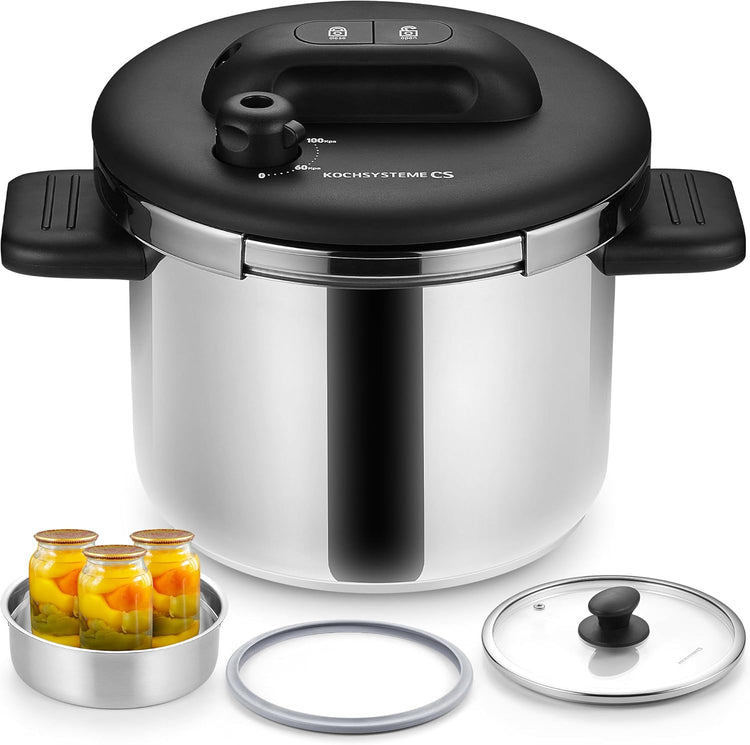 KOCH SYSTEME CS Stainless Steel Pressure Cooker 8.5 Quart, Olla de Presion, 3 PSI Settings, 18/10 Stainless Steel Pressure Cooker, One-Press Lock Pressure Cookers, Induction Ready, Glass Lid & Steamer - Nestoria