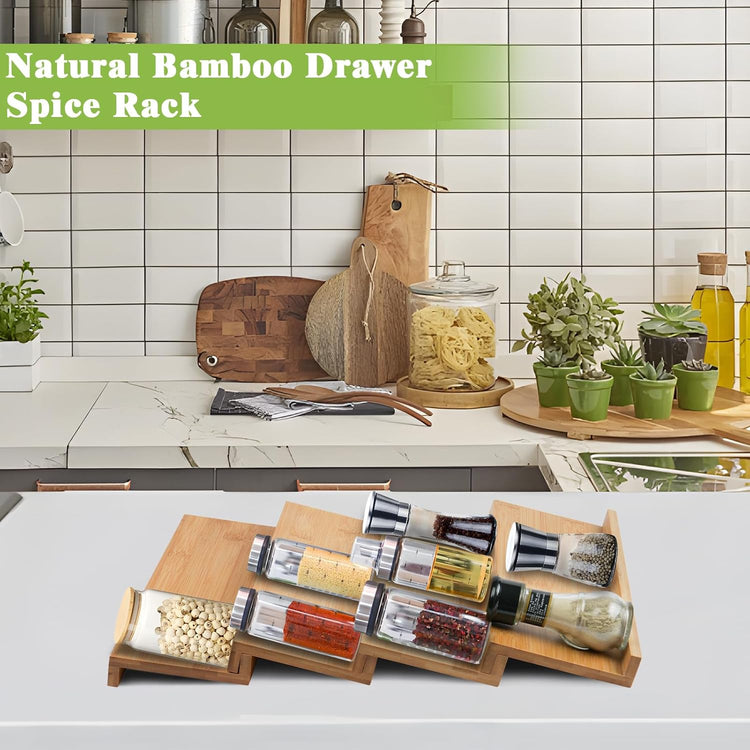 Bamboo Spice Drawer Organizer, 4 Tier Stackable Spice Rack for Cabinet, Seasoning Storage Organization,13'' Wide