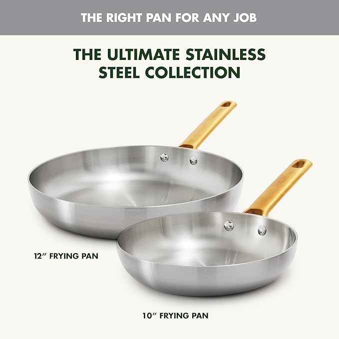GreenPan Stainless Steel Tri-Ply Reserve 10” and 12” Frying Pan Skillet Set, Multiclad Cookware, Induction, Oven & Broiler Safe to 600°F, Heat Responsive Core, Dishwasher Safe, Gold Handles
