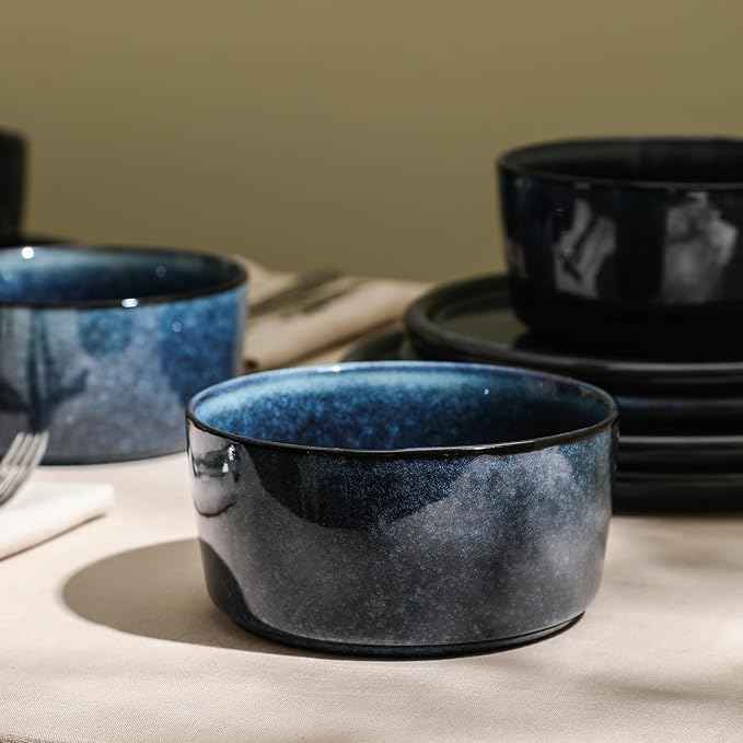 Stone Lain Eden 12-Piece Dinnerware Set Stoneware, Plates and Bowls Set, Dishwasher and Microwave Safe Dish, Dish Set for 4, Dark Blue