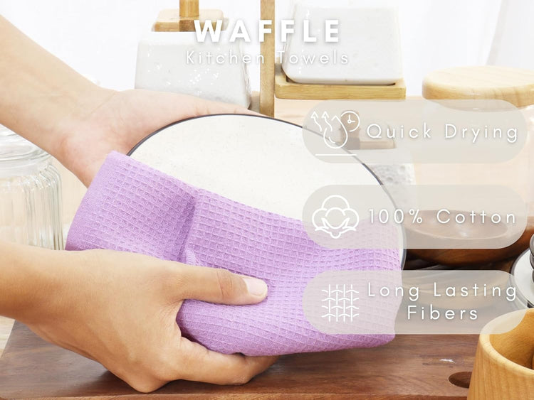 PurpleEssences Waffle Weave Kitchen Towel, 100% Cotton - 15 x 25 Inches, with Hanging Loop Ultra Soft Absorbent Quick Drying Dish Cloth, Tea and Hand Towels, 4 Pack - Spring Summer - Lavender - Nestoria