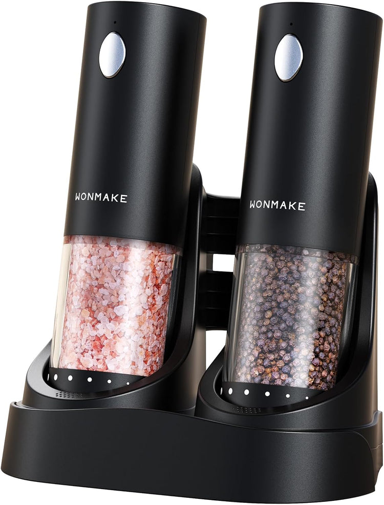 Electric Salt and Pepper Grinder Set - Automatic Refillable Salt and Pepper Grinders with Charging Base & LED Light, 6-Level Adjustable Coarseness with External Dial, Ideal Kitchen Gadget