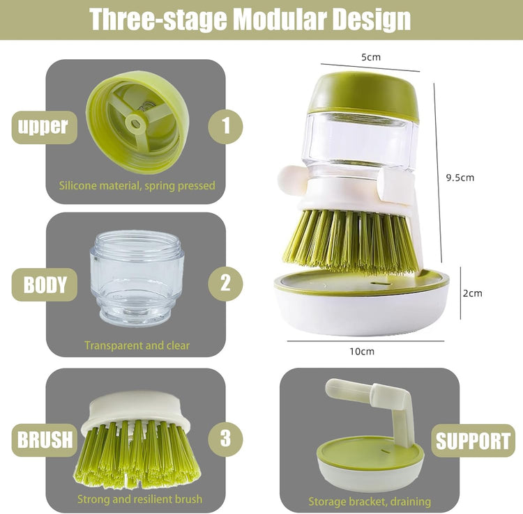 Soap Dispenser Dish Brush Palm Brush Scrub Brush Equipped with Storage Bracket and Drainage Base,Easy to Clean Kitchen Utensils and Sink, Includes a Replaceable Brush(Green)