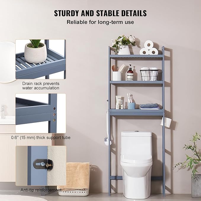 VEVOR Over The Toilet Storage, 3-Tier Adjustable Over Toilet Bathroom Organizer, Bamboo Storage Shelf Rack with 3 Hooks, Freestanding Easy Assembly Laundry Space Saver, Fit Most Toilets, White