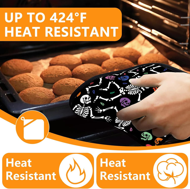 Skeleton Oven Mitts and Pot Holders Sets 4Pcs,Extra Long Oven Gloves Potholder for Kitchen Cooking Baking BBQ 100% Cotton Heat Resistant