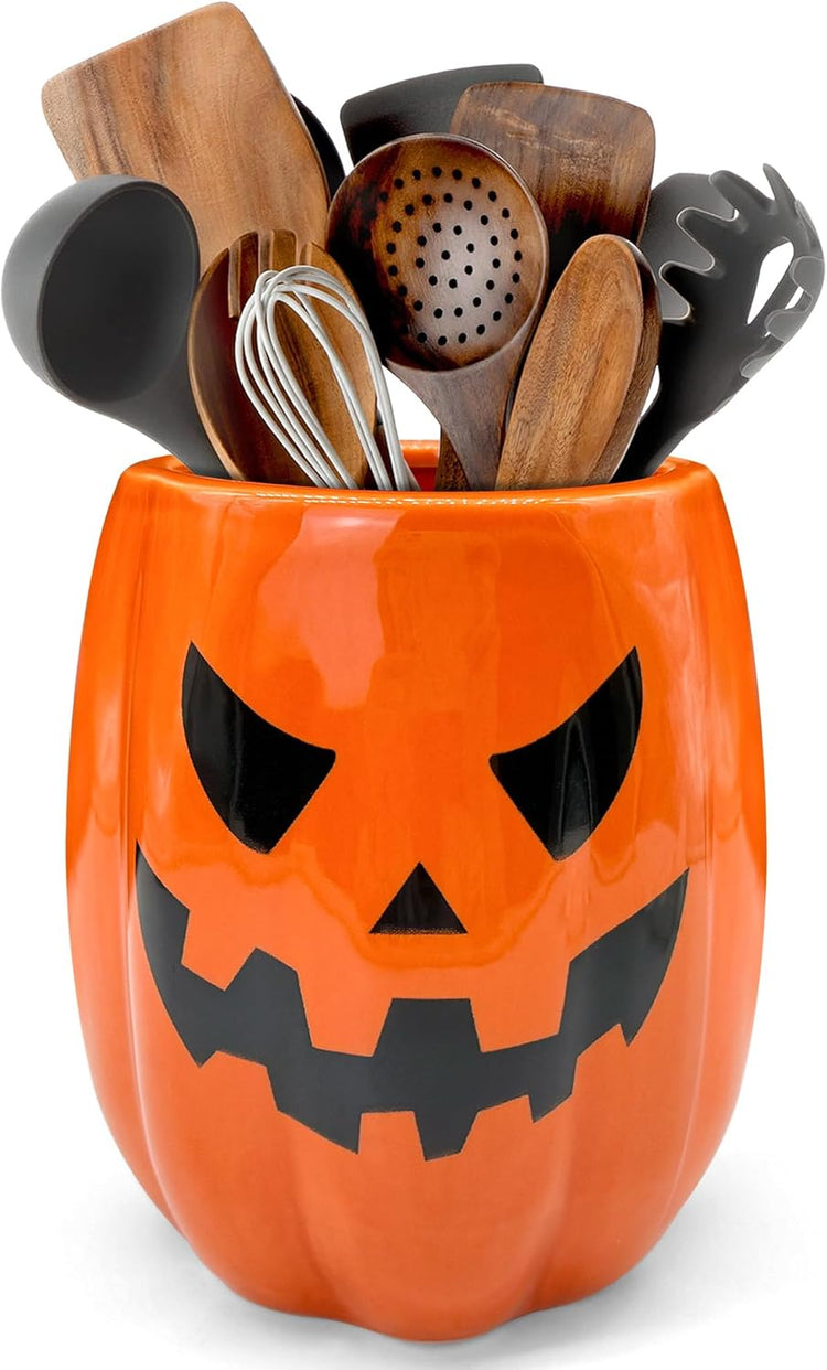 pinata Halloween Kitchen Decor Ceramic Pumpkin Utensil Holder, Cute Halloween Utensils Holder, Ceramic Utensils Crock for Rustic Farmhouse Indoor Kitchen Decorations(6.3 Inches)