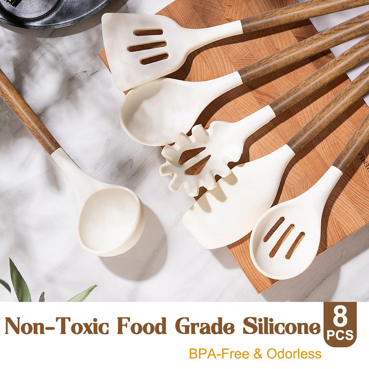 Non Stick Silicone Kitchen Utensils Set with Natural Acacia Hard Wood Handle (8 Count)