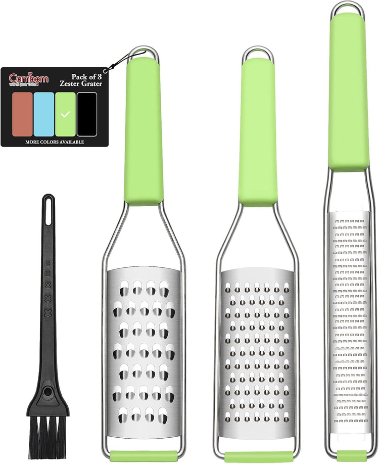 Cambom Lemon Zester Grater Three-piece Suit - Heavy Duty Kitchen Tool for Parmesan Cheese, Ginger, Garlic, Nutmeg, Chocolate, Vegetables,Fruits,Stainless Steel Grater Dishwasher Safe Green