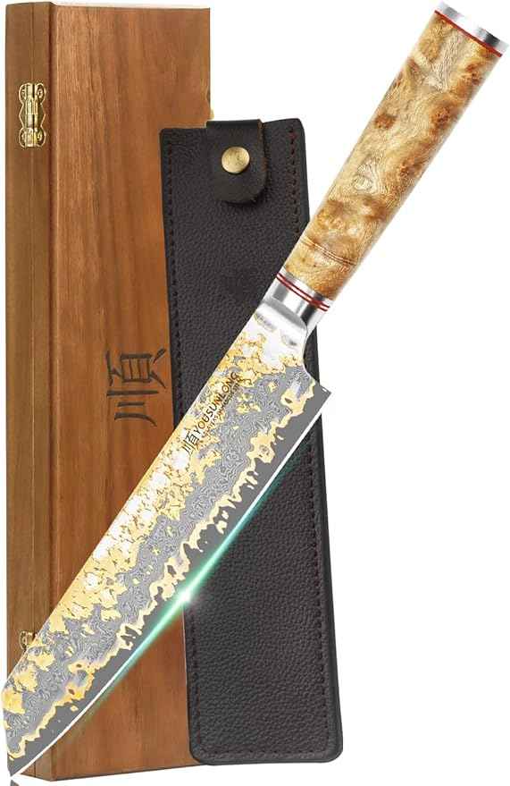 YOUSUNLONG Kiritsuke Chef Knife - 8 Inch Japanese Copper Damascus Steel Blade - Razor Sharp Kitchen Knives - Handmade Cooking Knife - Naturel Burl Wooden Handle with Leather
