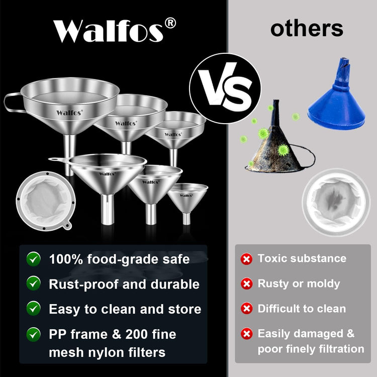 Stainless Steel Funnel, Walfos 6 Different Sizes of Kitchen funnels with 2 Removable Strainer & 1Pcs Cleaning Brush, 200 Mesh Food Filter Strainer,for Transferring of Liquid, Oils, Jam, Powder