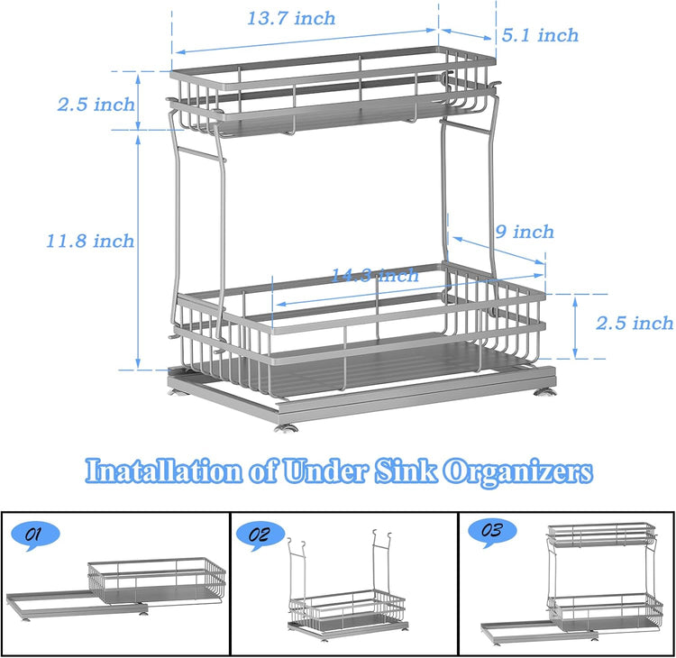 1 Pack Under Sink Organizers and Storage, 2 Tier Pull Out Cabinet Organizer, Metal Sliding Drawer Storage for Kitchen Bathroom,Gray
