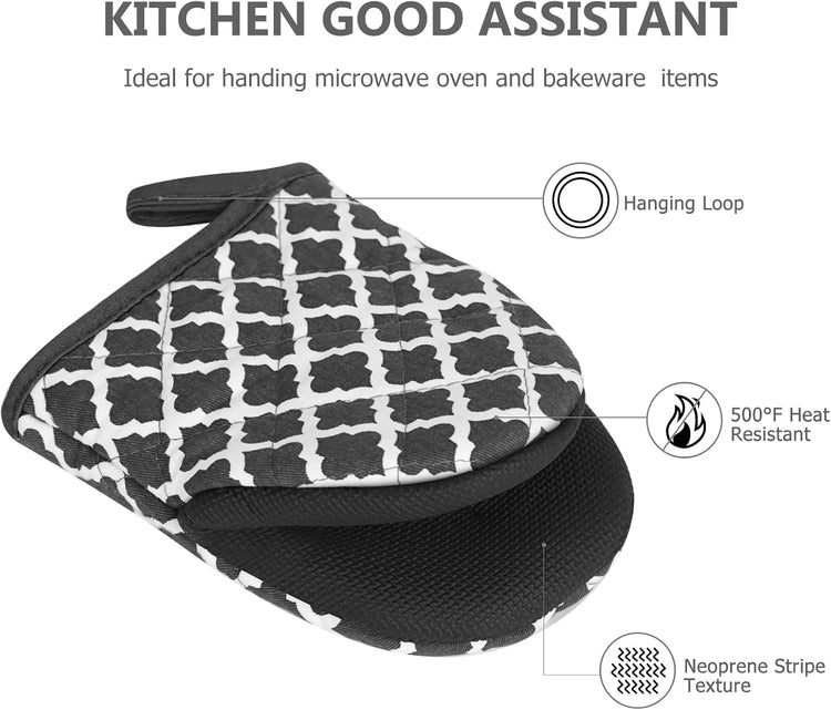 Qulable 1 Pair Short Oven Mitts - Silicone Kitchen Oven Gloves High Heat Resistant 500℉, Mini Oven Mits with Non-Slip Grip Surfaces and Hanging Loop for BBQ, Baking, Cooking and Grilling (Dark Gray)
