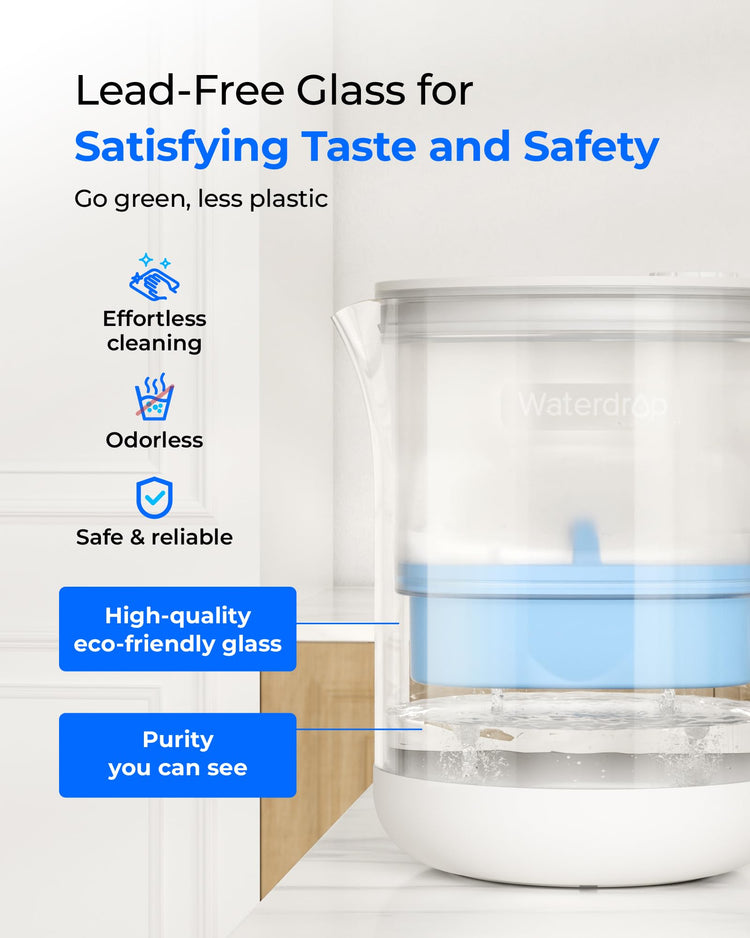 PT-72C-A Glass Alkaline Water Filter Pitcher, 7-Cup, Blue