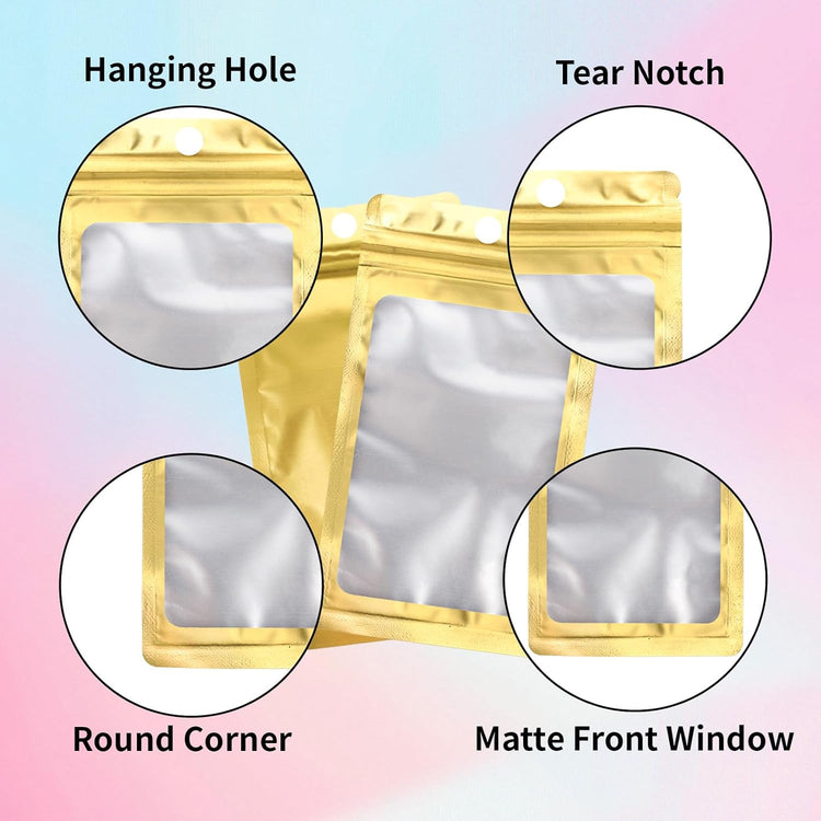 200 Pack Resealable Mylar Holographic Bags Food Storage Smell Proof Bags with Front Window Foil Packaging Pouch for Candy Sample Jewelry Small Business 3.54×6.29 Inch, Gold