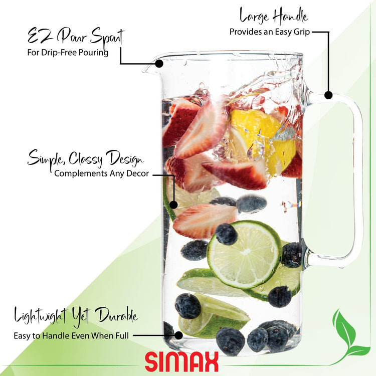 Simax Glass Pitcher, 64 Ounce (2 Quart) Borosilicate Glass, Made in Europe Hot and Cold Safe Iced Tea Pitchers for Drinks, Water, Lemonade Pitcher, Cocktail Jug, Sangria Pitchers