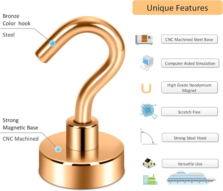Neosmuk Magnetic Hooks,30lb+ Heavy Duty Earth Magnets with Hook for Refrigerator, Extra Strong Cruise Hook for Hanging, Magnetic Hanger for Cabins, Grill (Bronze, 10 Pack)