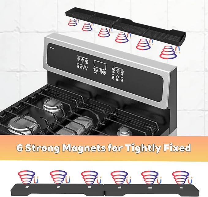 30 Inch Magnetic Silicone Stove Top Shelf, Heat Resistant Spice Rack for Kitchen, Space Saving Organizer with 6 Sticky Pads, Fits Back of Stove(Black 30''x3.8'')