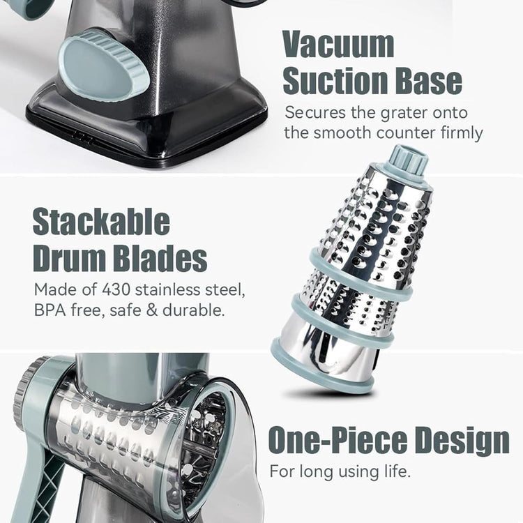 Rotary Cheese Grater, FOVXYVO Cheese Shredder with Strong Suction Base,Cheese Grater with Hand Crank for Kitchen for Cheese,Vegetables,Nuts,Chocolate,3 Changeable Blades