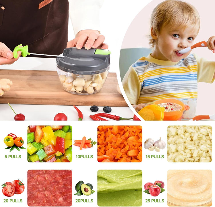 Manual Food Processor Vegetable Chopper, Portable Hand Pull String Garlic Mincer Onion Cutter for Veggies, Ginger, Fruits, Nuts, Herbs, etc., 500ml,(Gray-green)