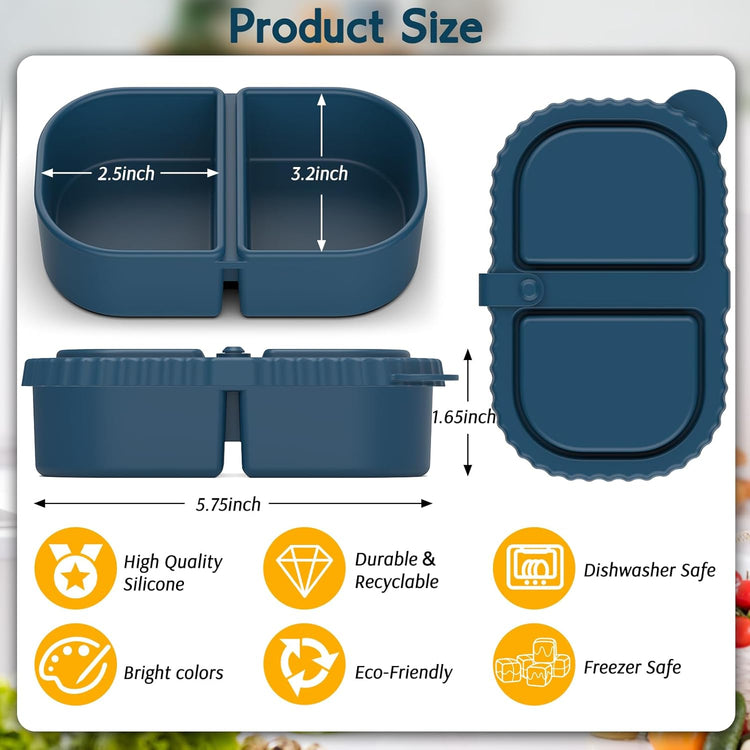 6 Pack Reusable Silicone Snack Containers with Lids, Mini Containers 2 Compartments, Portable Silicone Food Storage Box for Picnic, School, Office (6)