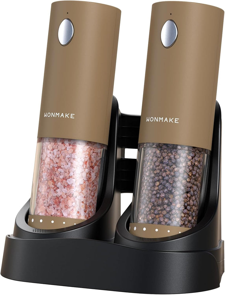 Electric Salt and Pepper Grinder Set - Automatic Refillable Salt and Pepper Grinders with Charging Base & LED Light, 6-Level Adjustable Coarseness with External Dial, Ideal Kitchen Gadget๏ผBrown