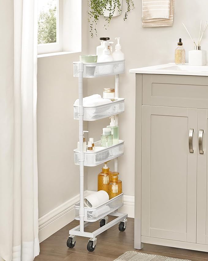 SONGMICS Slim Storage Cart, 4-Tier Metal Rolling Cart with Wheels, Flexible Baskets, Narrow Cart for Kitchen, Bathroom, Laundry Room, Easy Assembly, White UBSC065W01