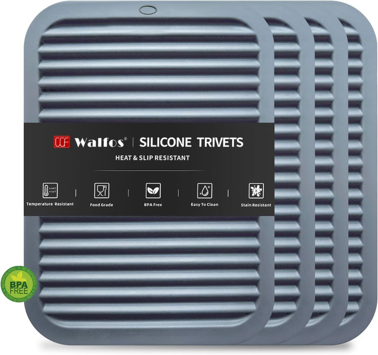 Walfos Silicone Trivets for Hot Pots and Pans - Heat Resistant Hot Pads for Kitchen Counter- 4 Pcs Multi-Purpose & Versatile Trivet Mat - Long-Lasting & Flexible Silicone Hot Pad(Gray)