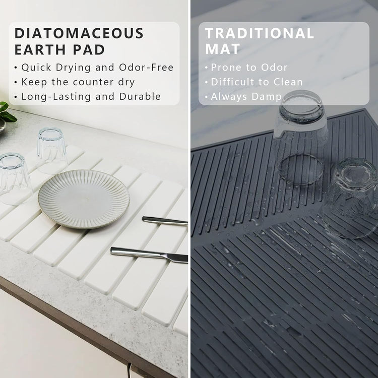 Large Stone Drying Mat for Kitchen Counter Diatomaceous Earth Collapsible 24”(L)*16”(W)Super Heat Resistant Mats, Quick Absorbent Dish Drying Rack(Gray marble)