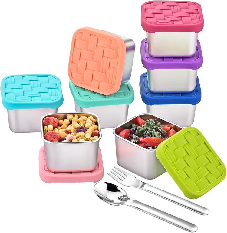 8PC 6oz Stainless Steel Snack Containers with lids, BPA-Free Metal Kids Snack Cups with Fork and Spoon, Leakproof Lunch Box Containers,Resuable Baby Food Storage Bowl