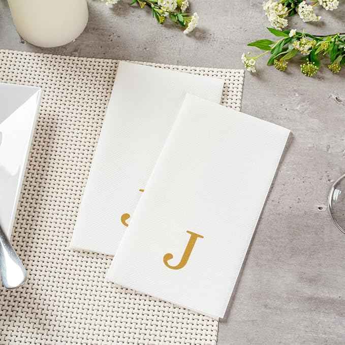 Luxenap 15.8 X 7.9 Inch Linen-Feel Guest Towels, 50 Lettered Hand Towels - Gold Letter 'J', Sans Serif Font, White Paper Dinner Napkins, airlaid, For Restrooms And Tables