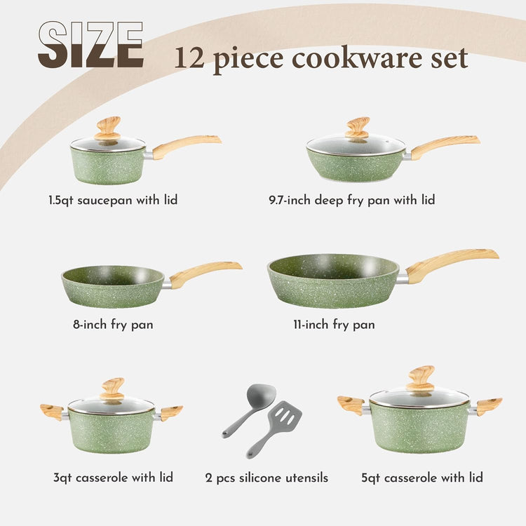 Kitchen Academy Non Toxic Pots and Pans Set Non Stick - 12 Piece Induction Cookware Sets, Green Granite Nonstick Cooking Pot and Pan Set, PFOA&PFOS Free