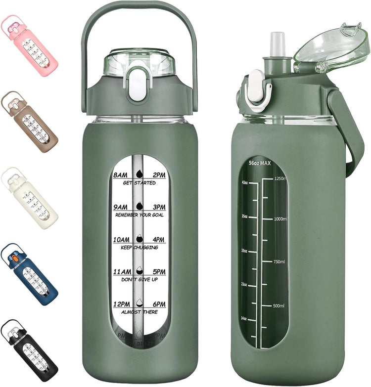 kytffu 56oz Glass Water Bottles with Straw, Motivational Glass Bottle with Silicone Sleeve and Time Marker, Leakproof Large Glass Water Jug for Gym Home Office,Olive