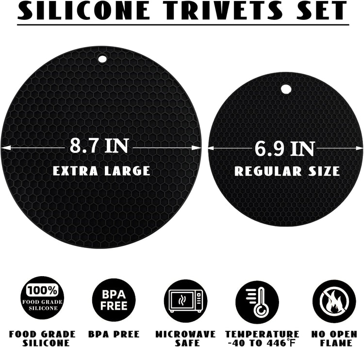 4 Pack Silicone Trivet Mats, 7 Inch & 9 Inch Flexible Heat Resistant Silicone Hot Pads Pot Holders for Kitchen Counter, Round Trivets for Hot Dishes - Potholders Jar Opener(Black)