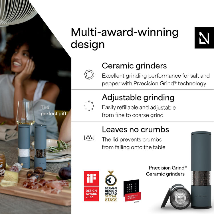LARS NYSØM Salt and Pepper Grinder Set Manual, Stainless Steel Salt and Pepper Mills with Adjustable Ceramic Grinder I Design Spice Shakers (Stone Blue)