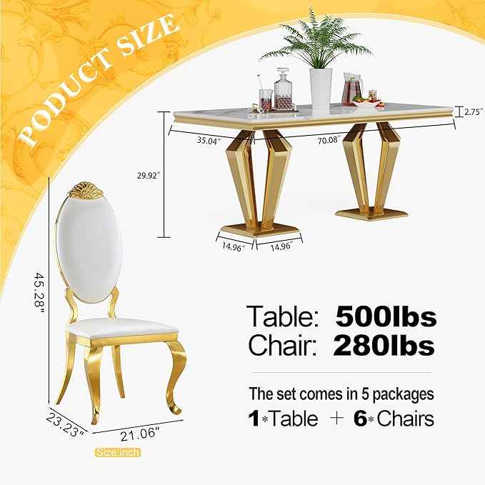 AF ARTISAN FURNITURE 7 Piece Luxury Dining Room Set, Modern Dining Table and Upholstered Chairs Set, Marble Kitchen Table Set for 6, Big Kitchen Dinner Tables Kit with Silver Base