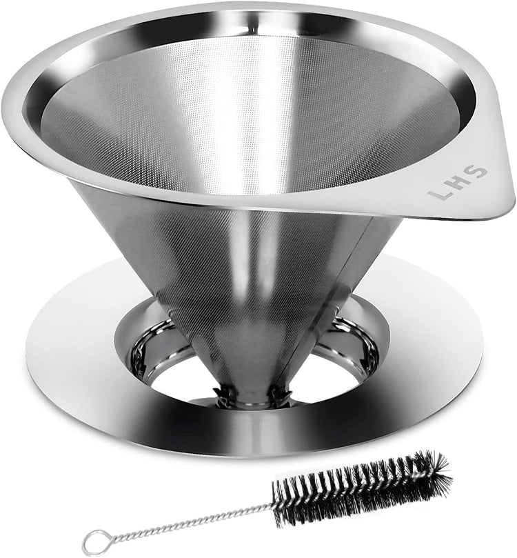 LHS Pour Over Coffee Dripper Reusable Coffee Filter Paperless Coffee Filter Stainless Steel Pour Over Coffee Maker Cone Coffee Dripper for 1-2 Cup,Silver