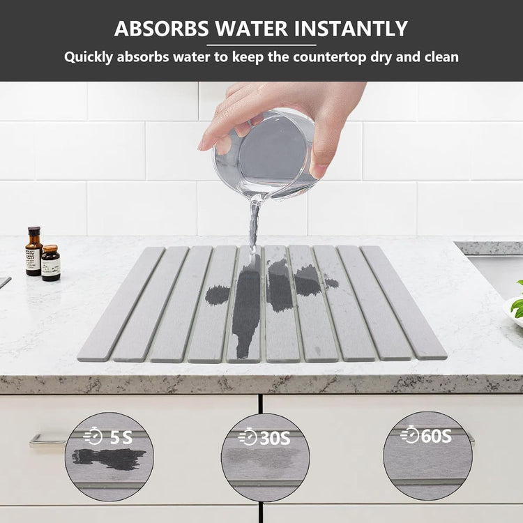 Large Stone Drying Mat for Kitchen Counter Diatomaceous Earth Collapsible 24”(L)*16”(W)Super Heat Resistant Mats, Quick Absorbent Dish Drying Rack(Light Gray)