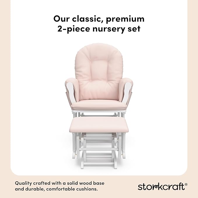Storkcraft Premium Hoop Glider & Ottoman (White/Pink) — GREENGUARD Gold Certified Nursery Glider, Solid Wood Craftsmanship, Smooth-Gliding Nursery Chair and Ottoman, Award-Winning