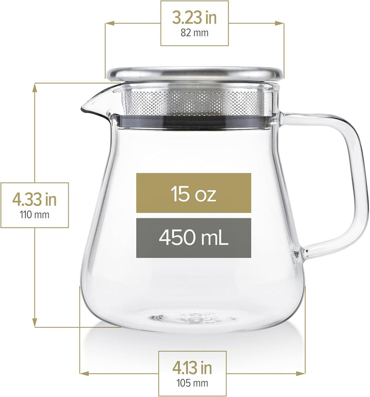 Teabloom One-Touch Tea Maker, 2-in-1 Teapot and Kettle with Stainless Steel Filter Lid for Loose Tea – Stain-free Borosilicate Glass Tea Pot (15 Oz) – Tea Connoisseur's Choice