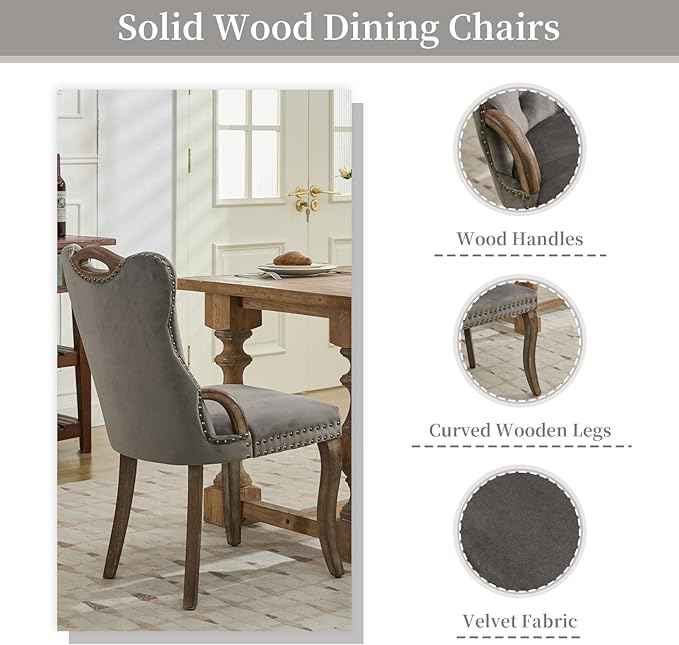Grey Velvet Dining Chairs Set of 4,Modern Upholstered Dining Room Chairs with Tufted Back and Wood Accents, Curved Solid Wood Legs & Nailhead Trim, Sillas De Comedor Modernas 4