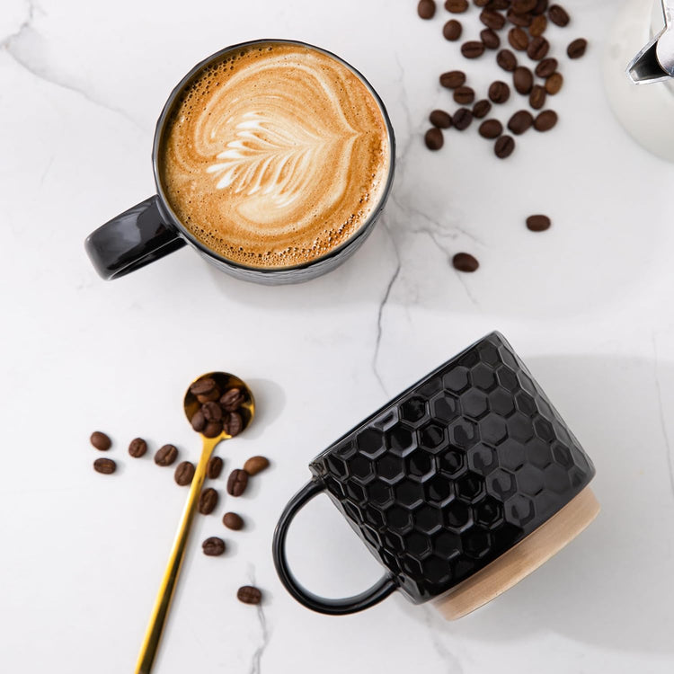 GBHOME 15OZ Stackable Coffee Mugs, Ceramic Coffee Mugs with Texture Patterns for Man,Woman,Dad,Mom, Modern Coffee Cups Set of 4 for Latte/Cappuccino/Cocoa. Dishwasher&Microwave Safe,Black