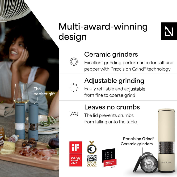 LARS NYSØM Salt and Pepper Grinder Set Manual, Stainless Steel Salt and Pepper Mills with Adjustable Ceramic Grinder I Design Spice Shakers (Black/Beige)
