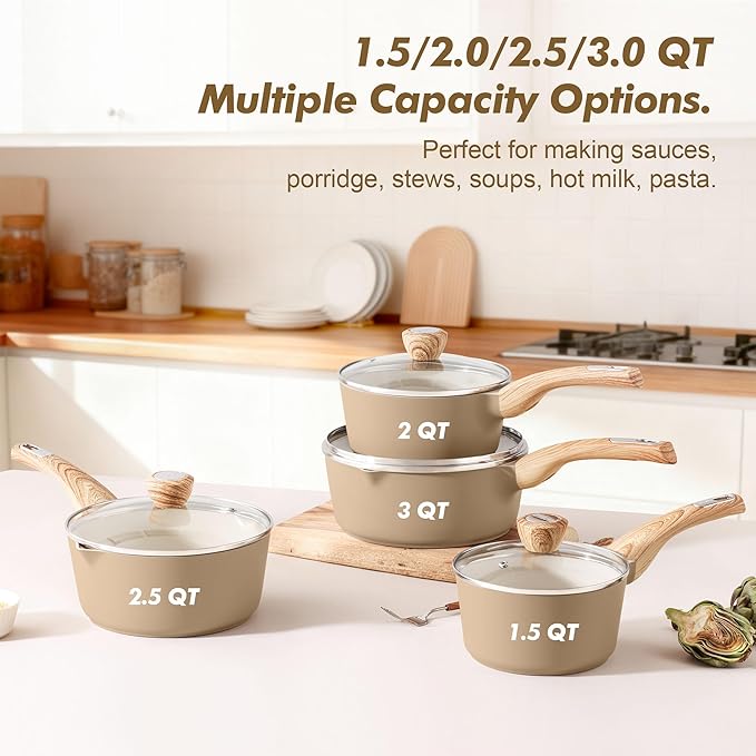 SENSARTE 1.5 & 2.5 Quart Ceramic Sauce Pan Sets with Lid, Cooking Pots Set, Nonstick Saucepan Set with Pour Spout, Small Kitchen Pot, Non toxic Saucepot, Induction Comptable, PFOA PTFE PFAS Free