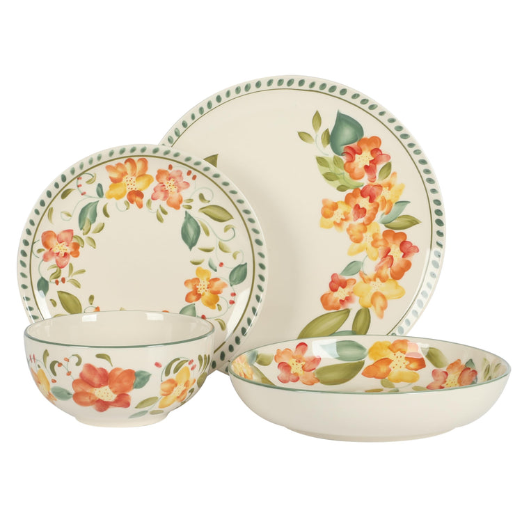 Cassia Bud 16 Piece Double Bowl Hand Painted Stoneware Plates and Bowls Floral Dinnerware Set
