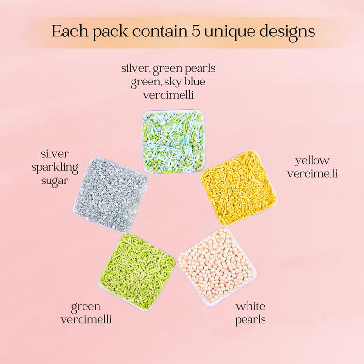 Edible Sprinkles for Cakes & Cupcakes Decoration Assorted pack of 5 Summer Fun Sprinkles Mix White Dragees Green Yellow Blue Jimmies Silver Sparkling Sugar (5 Ounce)