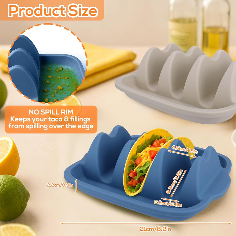 Silicone Taco Holders Set of 2 - Reusable Taco Stand with Dividers for Hard/Soft Shells, Microwave & Dishwasher Safe, Non-Slip Taco Serving Plates for Taco Tuesday, Party, Fiesta(white + navy)