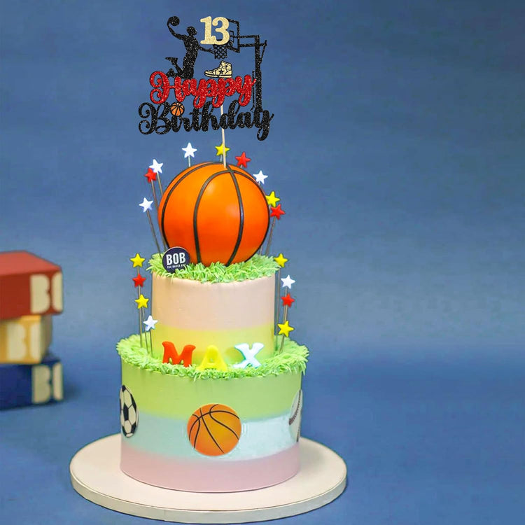 1Pc Happy 13th Birthday Basketball Cake Topper Glitter Basketball Sports Cake Pick Cheers to 13 Years Birthday Cake Decoration for 13th Party Supplies Black
