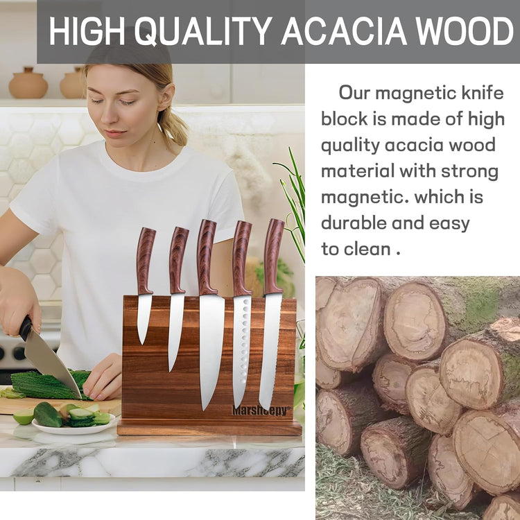 Home Kitchen Magnetic Knife Block,Double Sided Magnetic Knife Holder Rack for Kitchen Counter,Acacia Wood with Strong Enhanced Magnets Knife Storage Stand